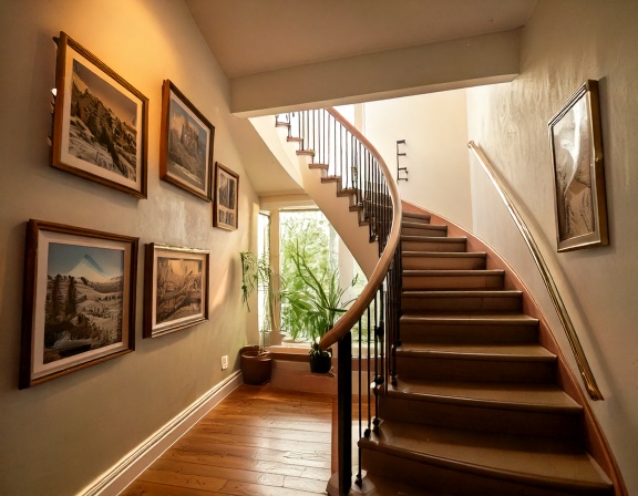 Escalera interior iluminada con luz natural y decorada con cuadros para espacios pequeños en la pared lateral.