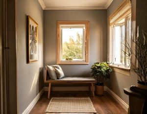 Habitación pequeña con luz natural y un solo cuadro en la pared, ejemplo de decoración con cuadros para espacios pequeños.